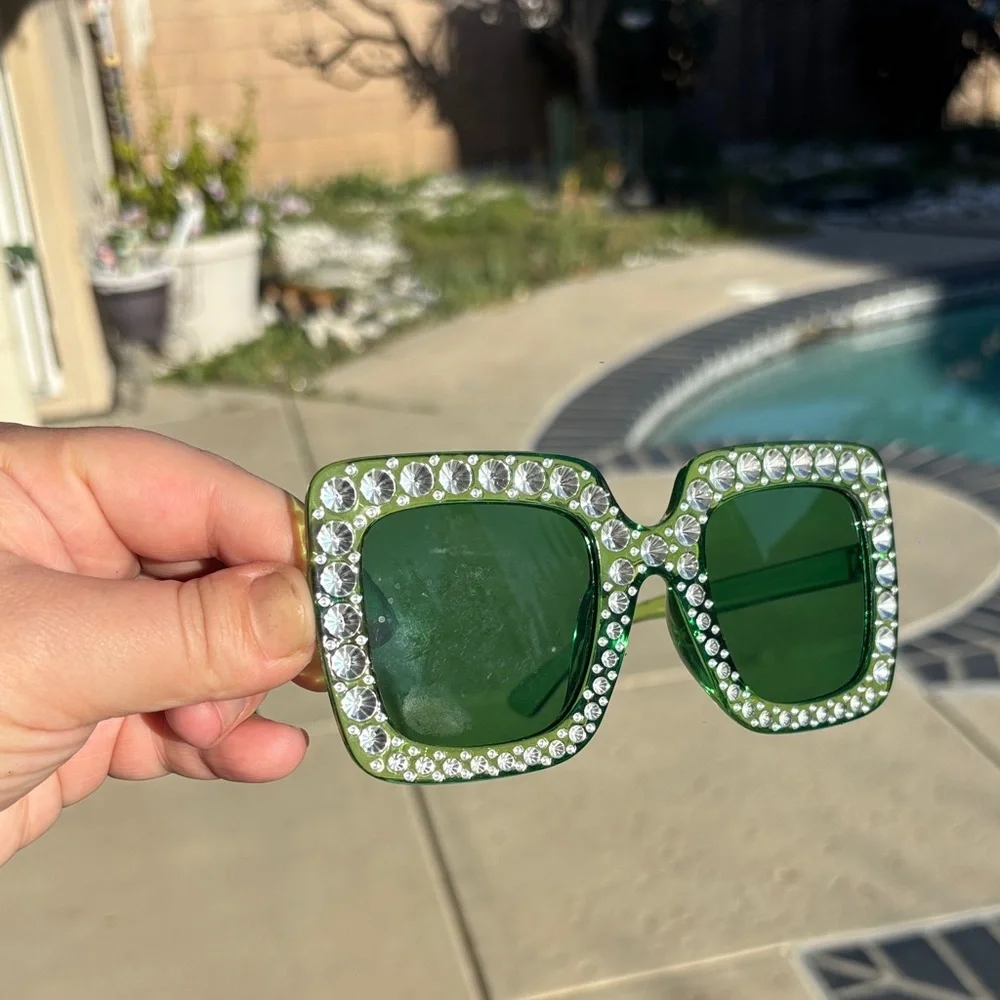 Green Embellished Oversized Sunglasses
